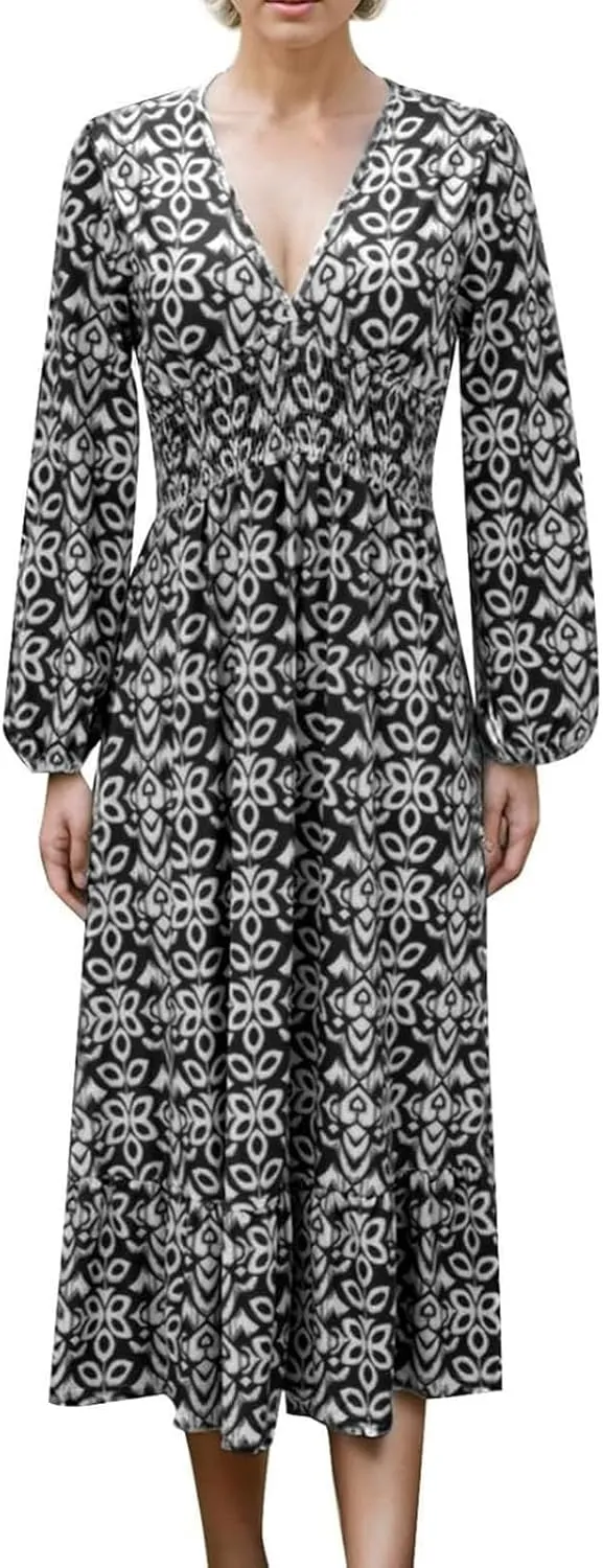 2025 New Women's Summer Boho Floral Print Dress, Plus Size V-Neck 3/4 Sleeve Casual Tunic Midi Dress, Vacation Dress (Black B,Large)