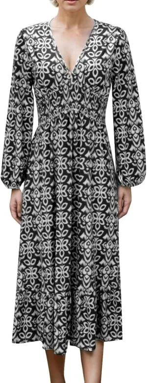 2025 New Women's Summer Boho Floral Print Dress, Plus Size V-Neck 3/4 Sleeve Casual Tunic Midi Dress, Vacation Dress (Black B,Large)