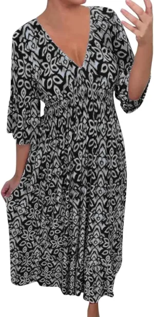 2025 New Women's Summer Boho Floral Print Dress, Plus Size V-Neck 3/4 Sleeve Casual Tunic Midi Dress, Vacation Dress (Black,XX-Large)