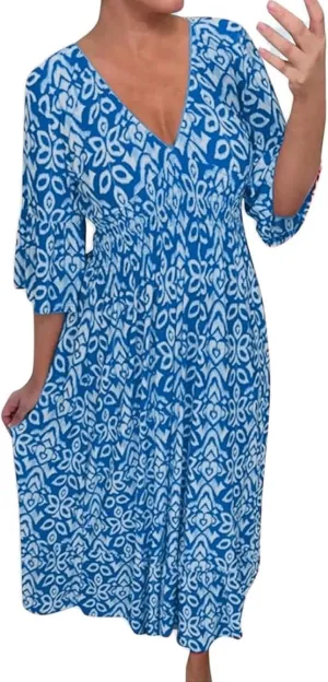2025 New Women's Summer Boho Floral Print Dress, Plus Size V-Neck 3/4 Sleeve Casual Tunic Midi Dress, Vacation Dress (Blue,4X-Large)
