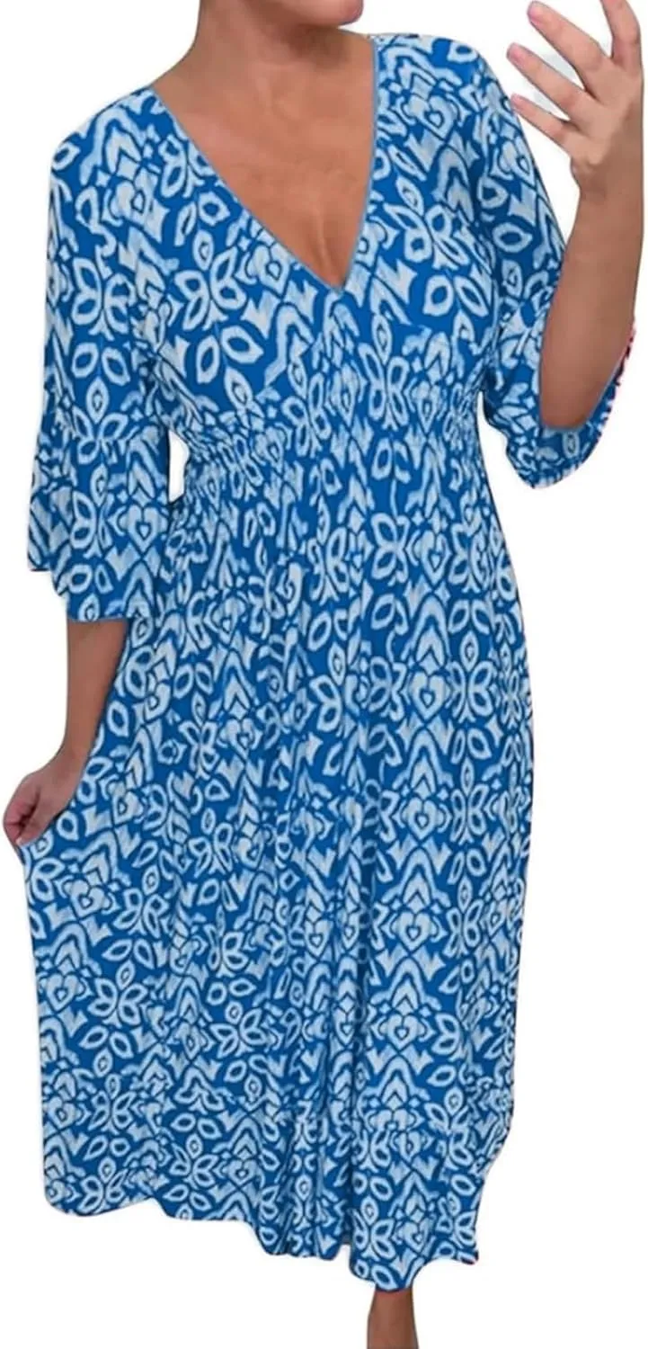 2025 New Women's Summer Boho Floral Print Dress, Plus Size V-Neck 3/4 Sleeve Casual Tunic Midi Dress, Vacation Dress (Blue,Large)