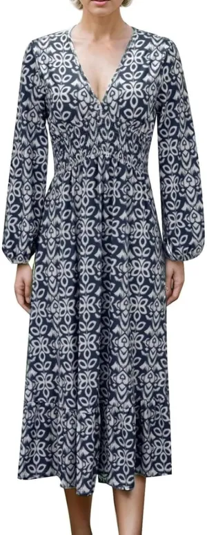 2025 New Women's Summer Boho Floral Print Dress, Plus Size V-Neck 3/4 Sleeve Casual Tunic Midi Dress, Vacation Dress (Dark Blue B,3X-Large)