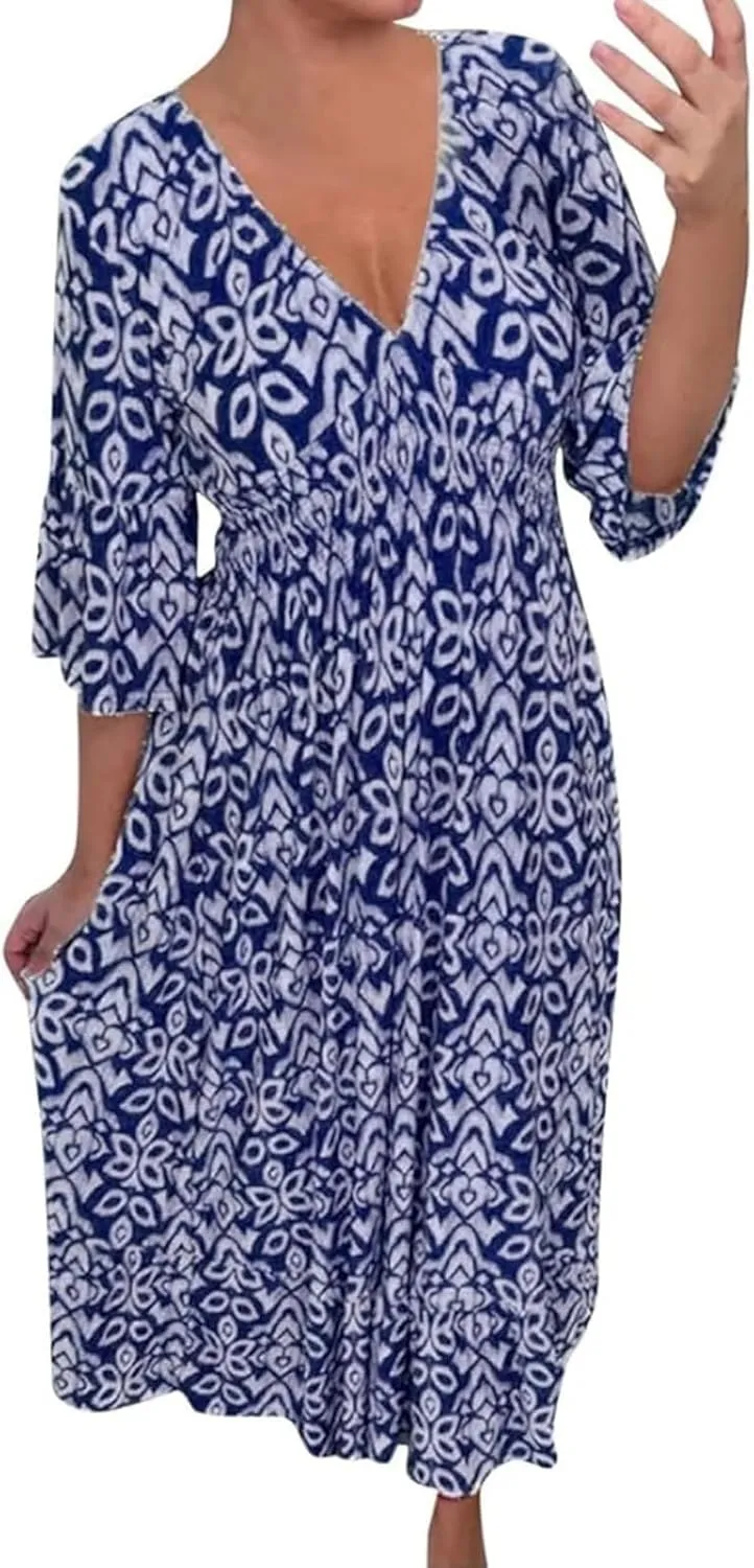 2025 New Women's Summer Boho Floral Print Dress, Plus Size V-Neck 3/4 Sleeve Casual Tunic Midi Dress, Vacation Dress (Dark Blue,3X-Large)