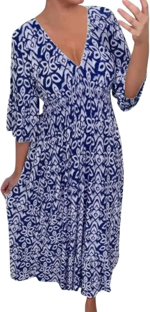 2025 New Women's Summer Boho Floral Print Dress, Plus Size V-Neck 3/4 Sleeve Casual Tunic Midi Dress, Vacation Dress (Dark Blue,3X-Large)