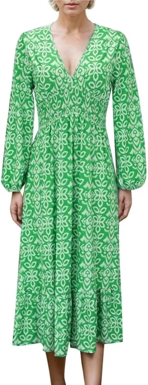 2025 New Women's Summer Boho Floral Print Dress, Plus Size V-Neck 3/4 Sleeve Casual Tunic Midi Dress, Vacation Dress (Green B,Medium)