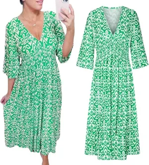 2025 New Women's Summer Boho Floral Print Dress, Plus Size V-Neck 3/4 Sleeve Casual Tunic Midi Dress, Vacation Dress (Green,Large)