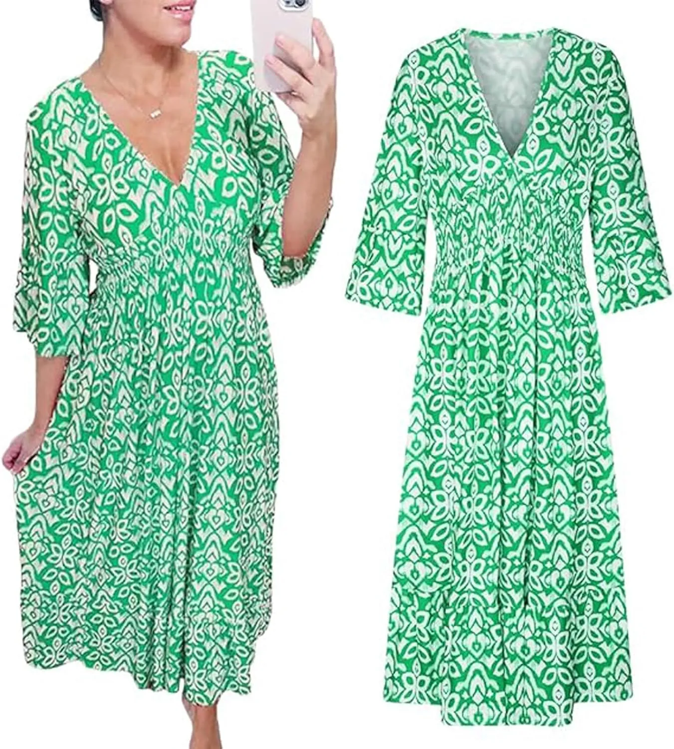 2025 New Women's Summer Boho Floral Print Dress, Plus Size V-Neck 3/4 Sleeve Casual Tunic Midi Dress, Vacation Dress (Green,Large)