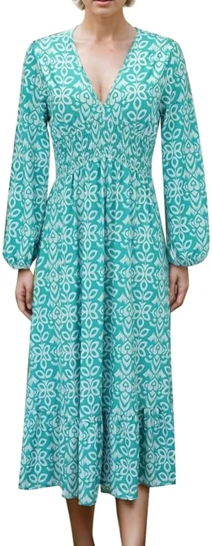 2025 New Women's Summer Boho Floral Print Dress, Plus Size V-Neck 3/4 Sleeve Casual Tunic Midi Dress, Vacation Dress (Light Blue B,4X-Large)