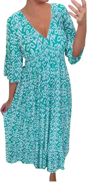 2025 New Women's Summer Boho Floral Print Dress, Plus Size V-Neck 3/4 Sleeve Casual Tunic Midi Dress, Vacation Dress (Light Blue,4X-Large)
