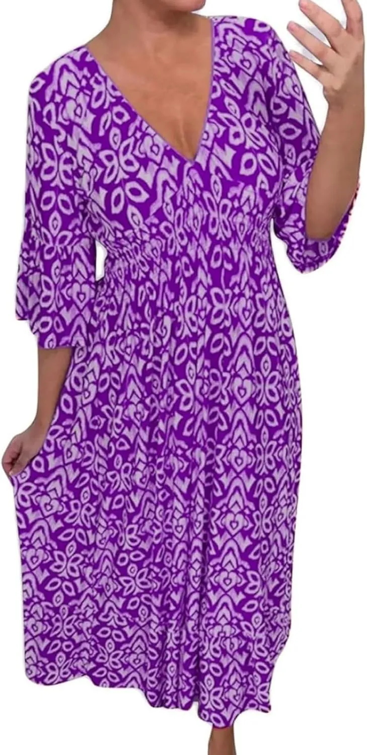 2025 New Women's Summer Boho Floral Print Dress, Plus Size V-Neck 3/4 Sleeve Casual Tunic Midi Dress, Vacation Dress (Purple,Large)