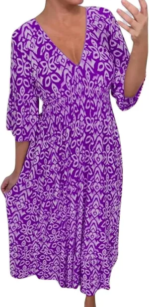2025 New Women's Summer Boho Floral Print Dress, Plus Size V-Neck 3/4 Sleeve Casual Tunic Midi Dress, Vacation Dress (Purple,Small)