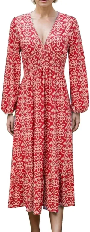 2025 New Women's Summer Boho Floral Print Dress, Plus Size V-Neck 3/4 Sleeve Casual Tunic Midi Dress, Vacation Dress (Red B,5X-Large)