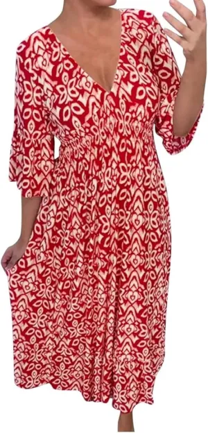 2025 New Women's Summer Boho Floral Print Dress, Plus Size V-Neck 3/4 Sleeve Casual Tunic Midi Dress, Vacation Dress (Red,XX-Large)