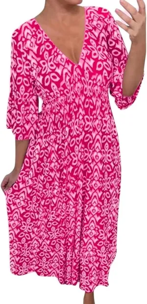 2025 New Women's Summer Boho Floral Print Dress, Plus Size V-Neck 3/4 Sleeve Casual Tunic Midi Dress, Vacation Dress (Rose Red,5X-Large)