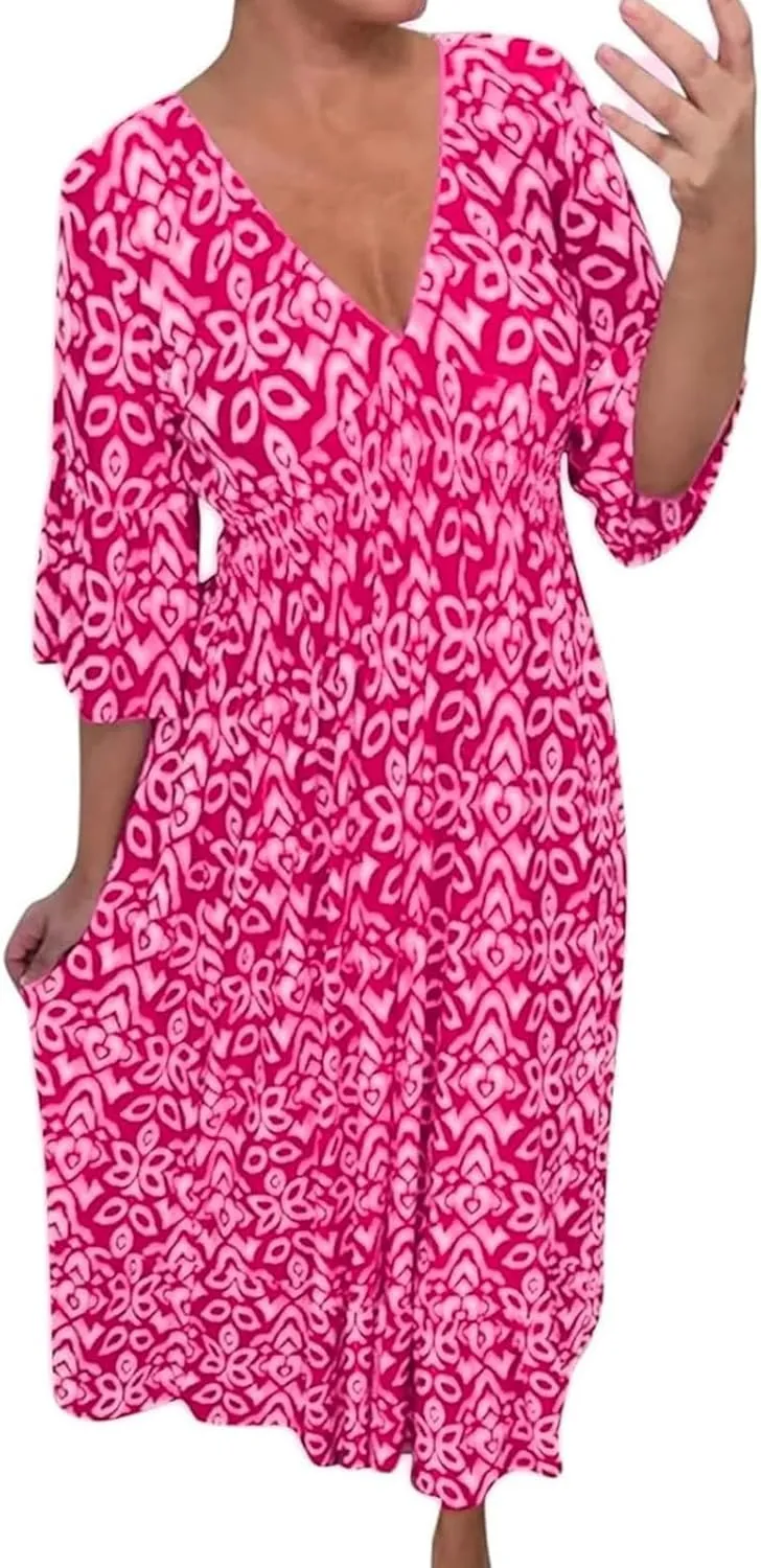 2025 New Women's Summer Boho Floral Print Dress, Plus Size V-Neck 3/4 Sleeve Casual Tunic Midi Dress, Vacation Dress (Rose Red,5X-Large)