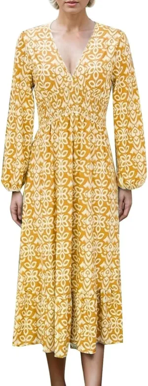 2025 New Women's Summer Boho Floral Print Dress, Plus Size V-Neck 3/4 Sleeve Casual Tunic Midi Dress, Vacation Dress (Yellow B,Large)