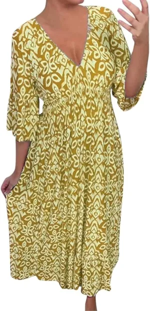 2025 New Women's Summer Boho Floral Print Dress, Plus Size V-Neck 3/4 Sleeve Casual Tunic Midi Dress, Vacation Dress (Yellow,4X-Large)
