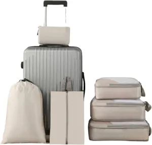 6 sets of Beige Nylon Compression Travel Cubes, Travel Organizer Bags for Luggage(large, medium, small) three types of clothing storage bags, shoe bags, and miscel(White)