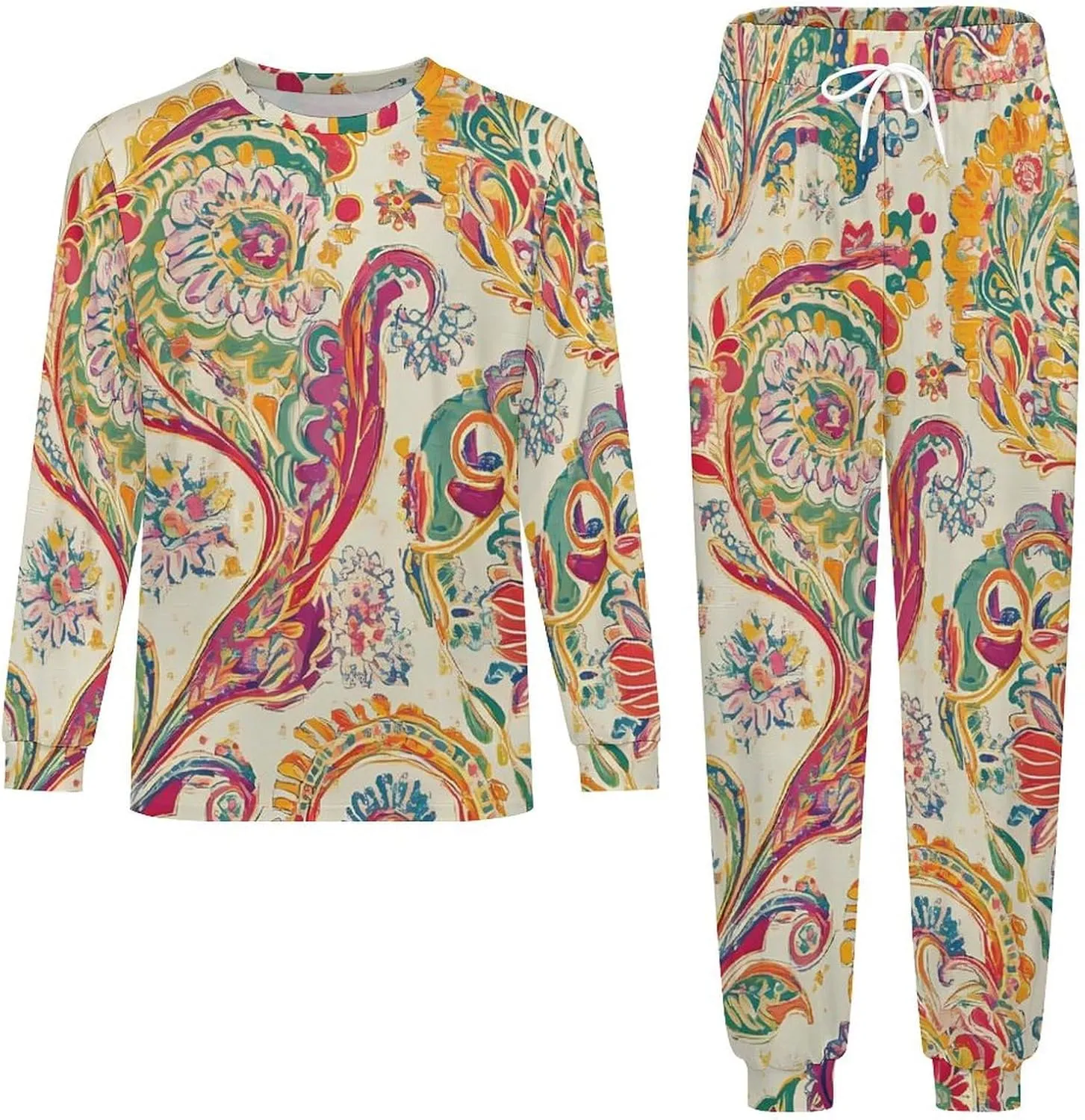 70s Disco Paisley Pattern Soft Mens Pajamas Set Round Neck Pullover Long Sleeve And Pants Loungewear 2 Piece Pjs Set