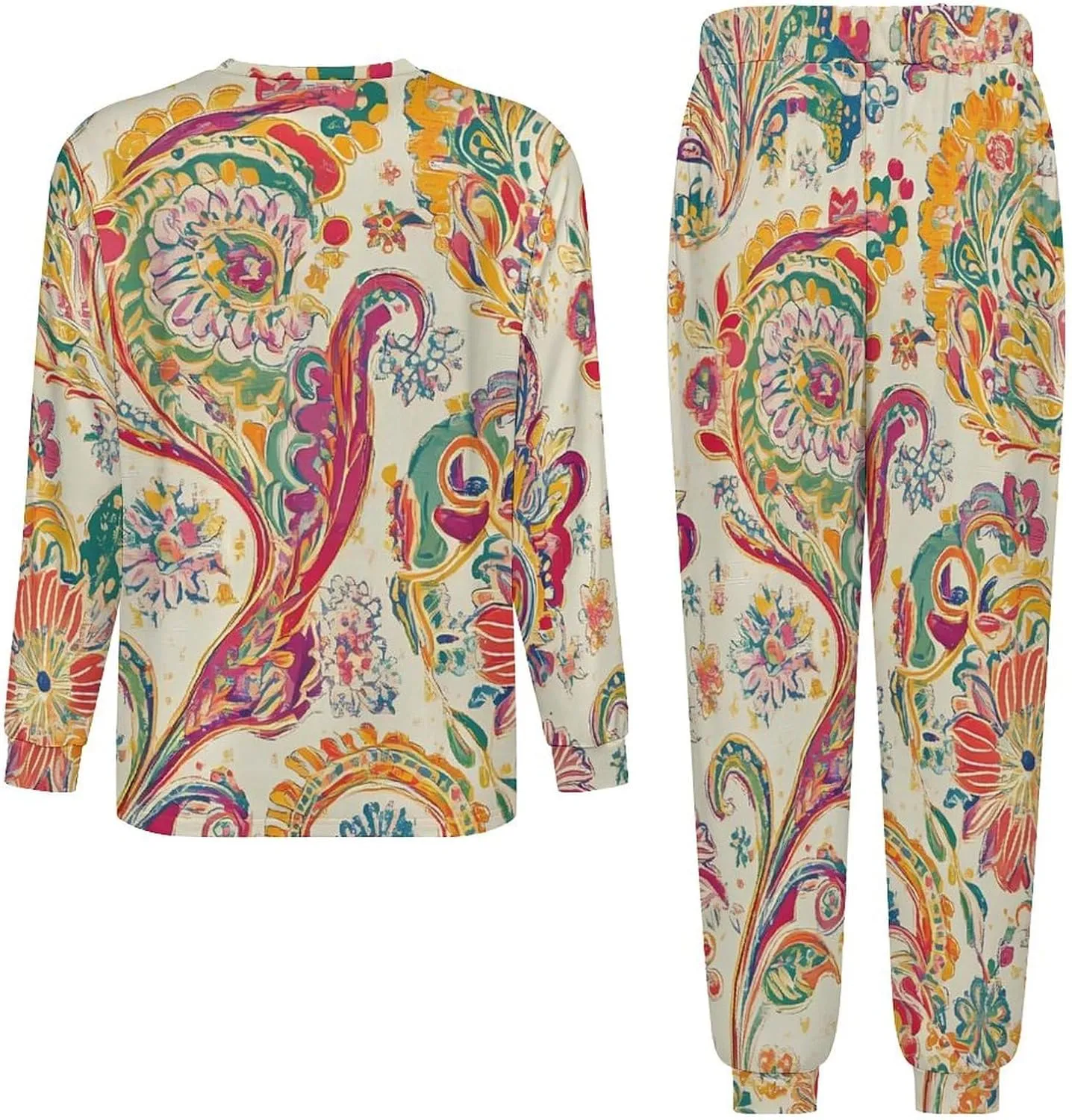 70s Disco Paisley Pattern Soft Mens Pajamas Set Round Neck Pullover Long Sleeve And Pants Loungewear 2 Piece Pjs Set
