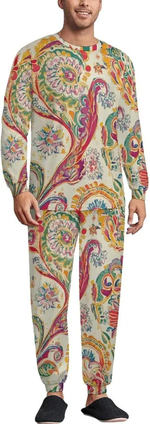 70s Disco Paisley Pattern Soft Mens Pajamas Set Round Neck Pullover Long Sleeve And Pants Loungewear 2 Piece Pjs Set