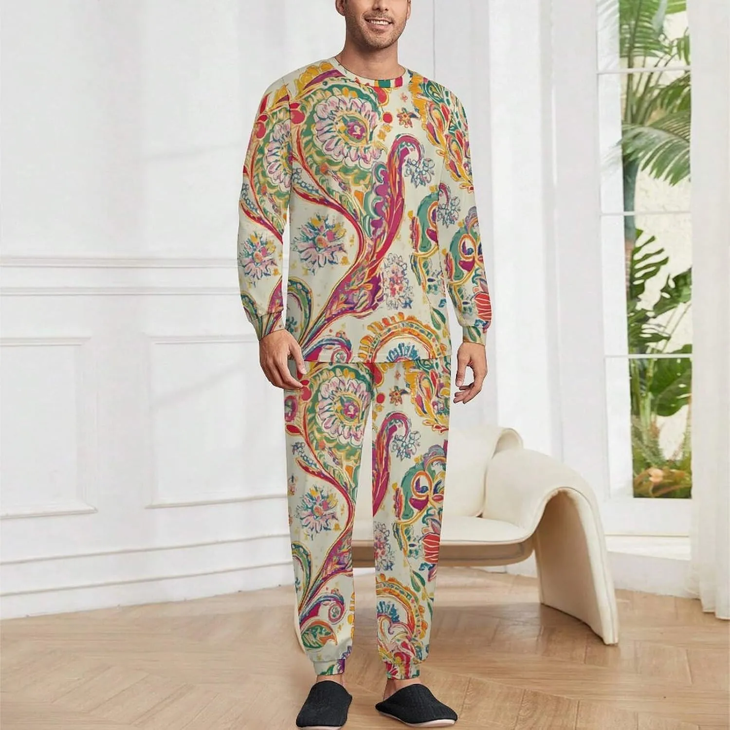 70s Disco Paisley Pattern Soft Mens Pajamas Set Round Neck Pullover Long Sleeve And Pants Loungewear 2 Piece Pjs Set