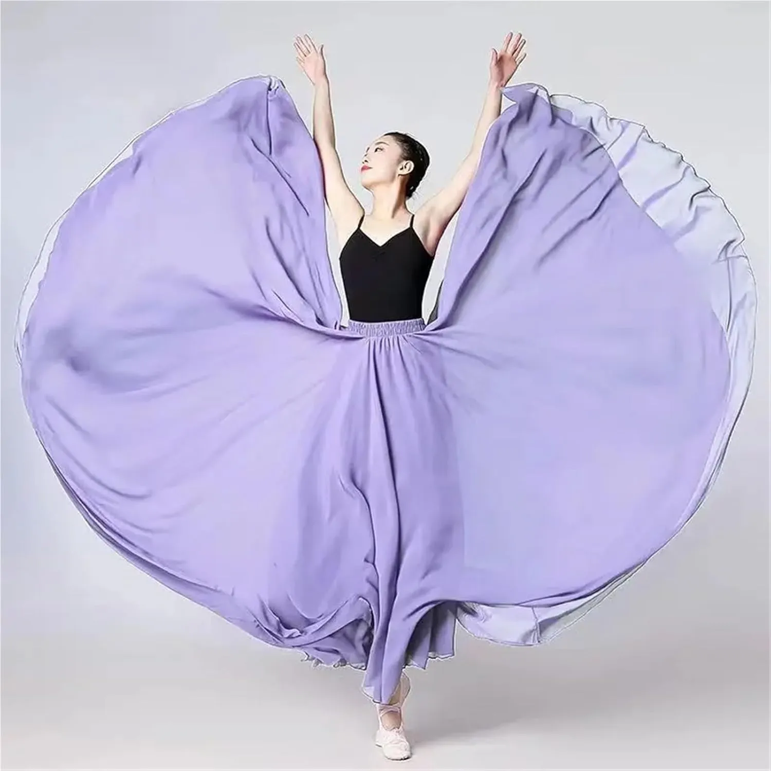 720 Degree Chiffon Skirt Ballet Belly Dance Women Double-Layer Long Skirts Dancer Practice Wear Performance(Color-B,S Length 85cm)