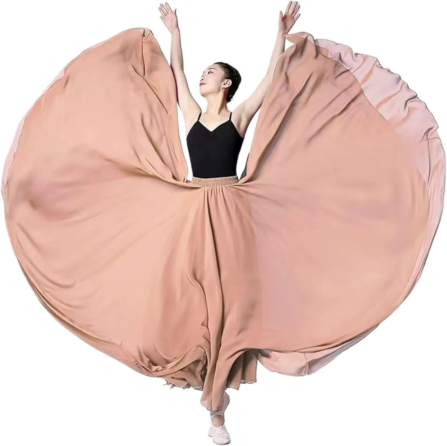 720 Degree Chiffon Skirt Ballet Belly Dance Women Double-Layer Long Skirts Dancer Practice Wear Performance(Color-C,S Length 85cm)