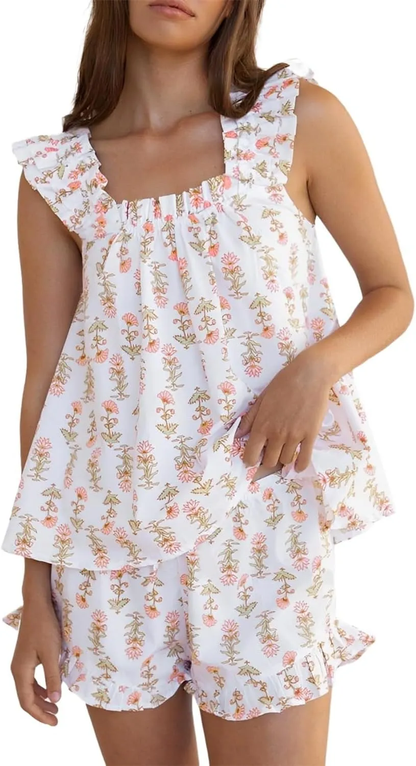 Aopwsrlyi Women's Floral Pajama Set 2 Piece Loungewear Cute Ruffle Trim Cami Tank Top and Shorts Set Matching Pjs Set