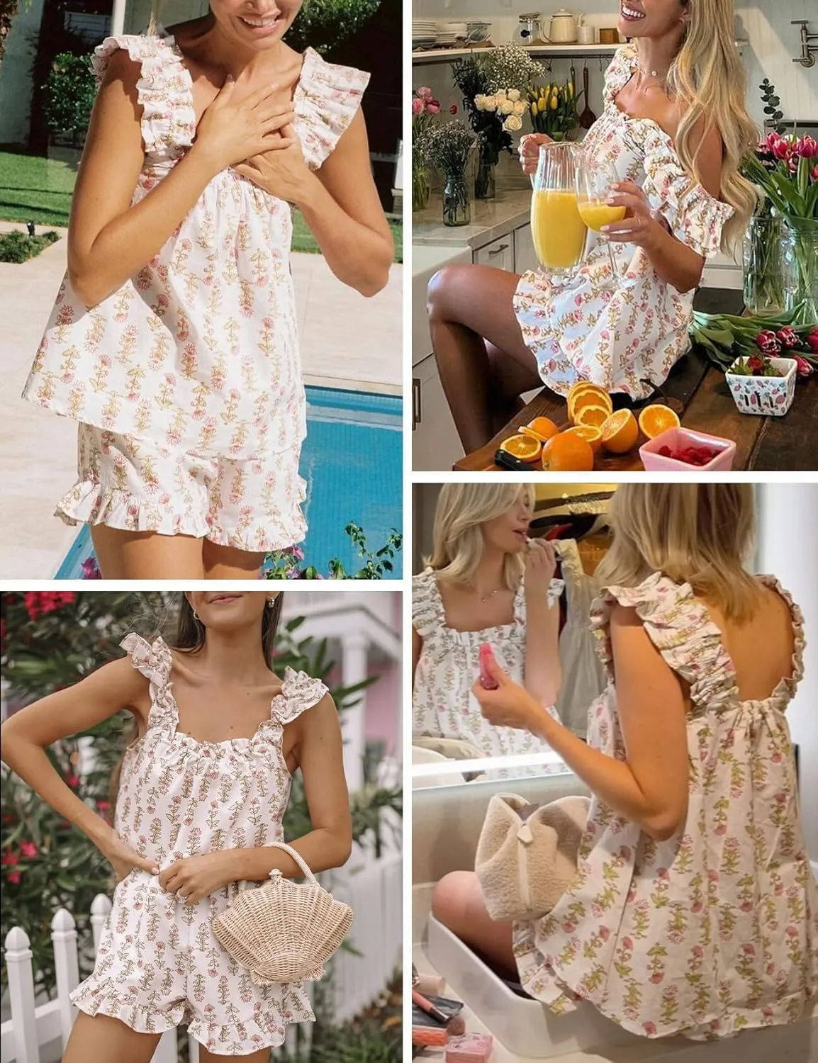 Aopwsrlyi Women's Floral Pajama Set 2 Piece Loungewear Cute Ruffle Trim Cami Tank Top and Shorts Set Matching Pjs Set