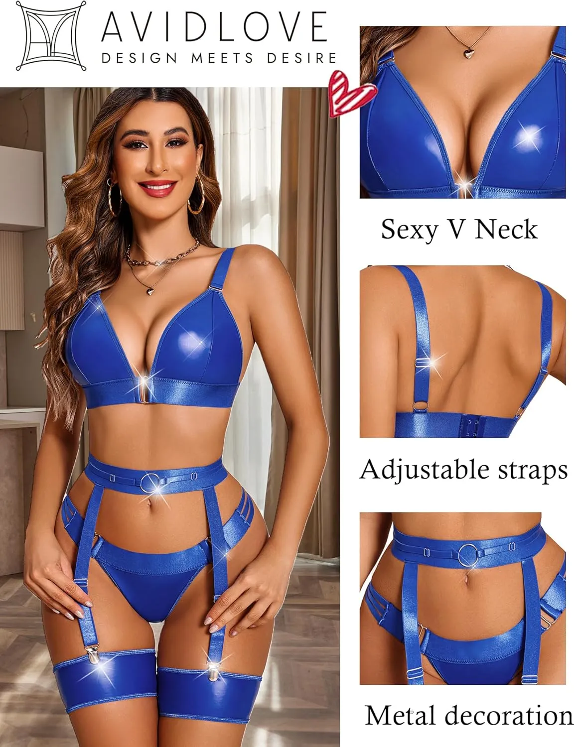 Avidlove Women Lingerie Set Leather Garter 5 Piece Bra and Panty Set Babydoll