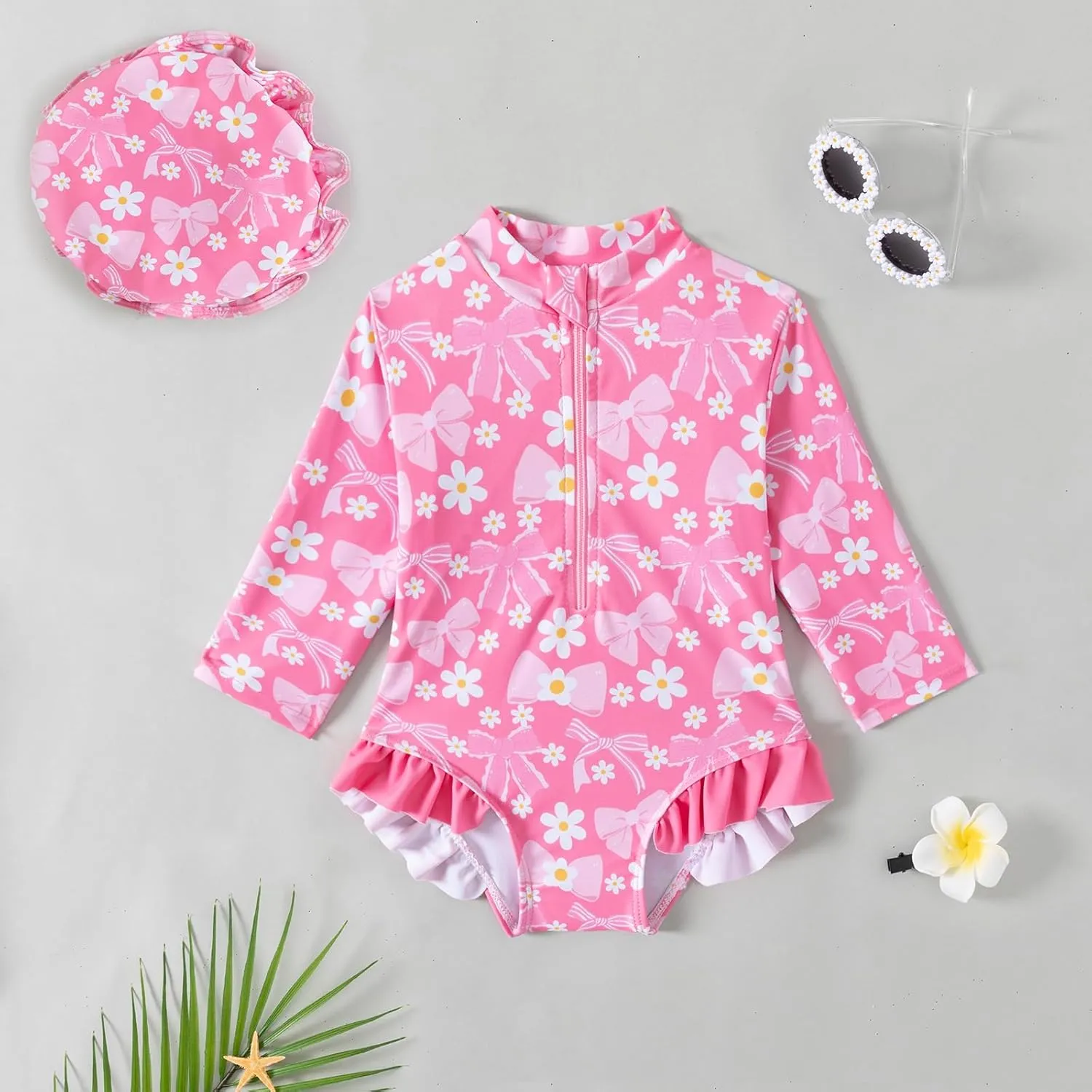 Baby Girls Long Sleeve One Piece Rash Guard Swimsuit with Hat Bathing Suit Beach Wear 0-2T