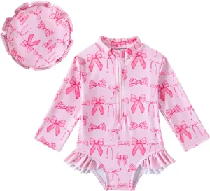 Baby Girls Long Sleeve One Piece Rash Guard Swimsuit with Hat Bathing Suit Beach Wear 0-2T