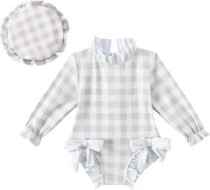 Baby Girls Long Sleeve One Piece Rash Guard Swimsuit with Hat Bathing Suit Beach Wear 0-2T
