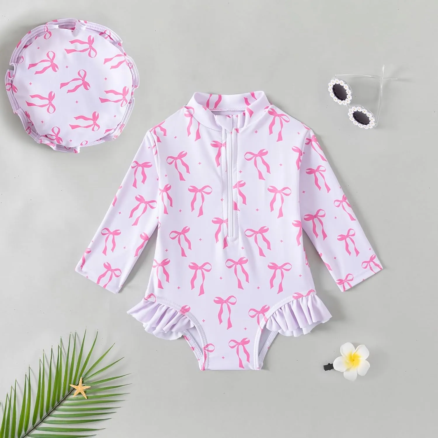 Baby Girls Long Sleeve One Piece Rash Guard Swimsuit with Hat Bathing Suit Beach Wear 0-2T