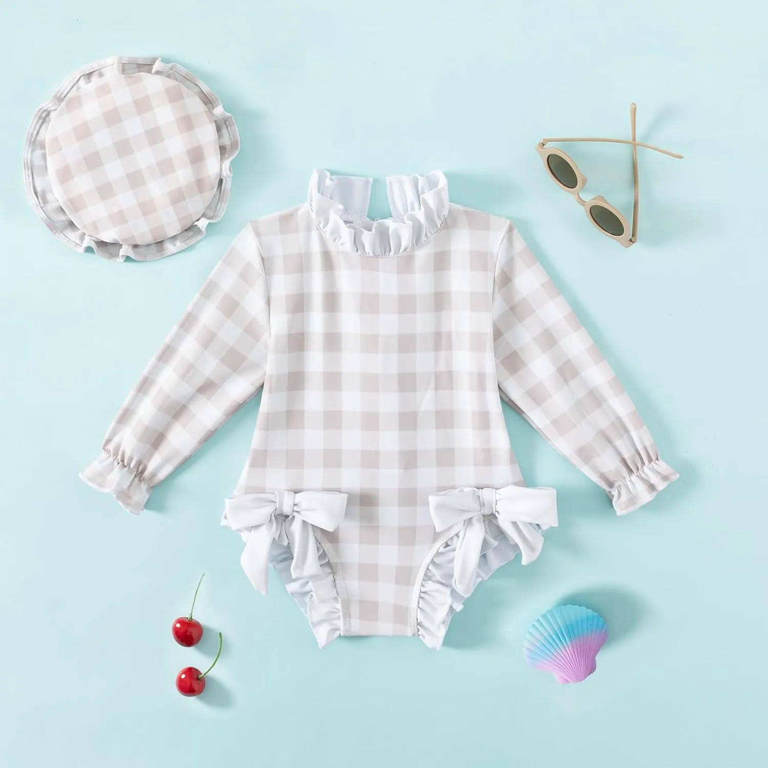 Baby Girls Long Sleeve One Piece Rash Guard Swimsuit with Hat Bathing Suit Beach Wear 0-2T