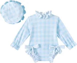 Baby Girls Long Sleeve One Piece Rash Guard Swimsuit with Hat Bathing Suit Beach Wear 0-2T