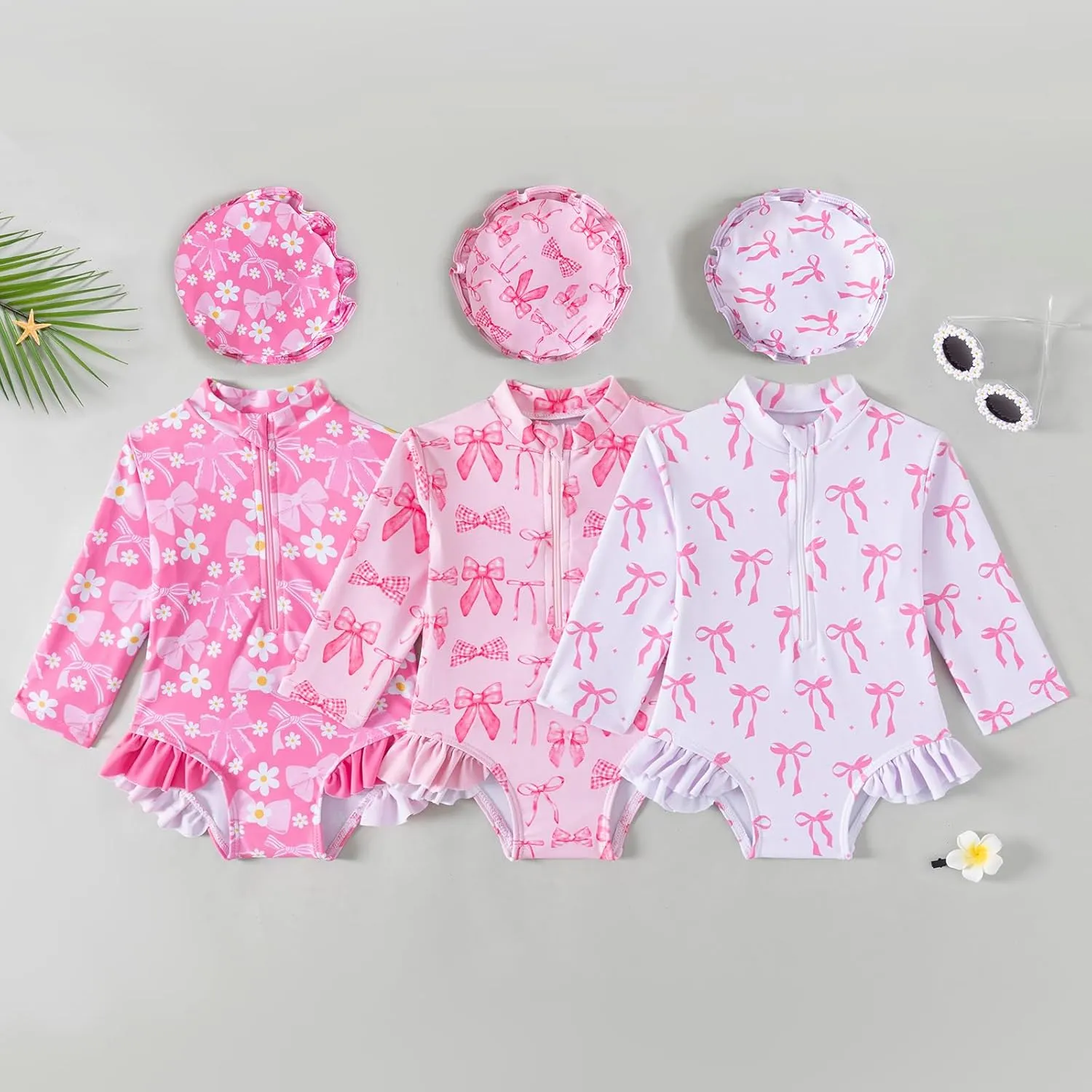Baby Girls Long Sleeve One Piece Rash Guard Swimsuit with Hat Bathing Suit Beach Wear 0-2T