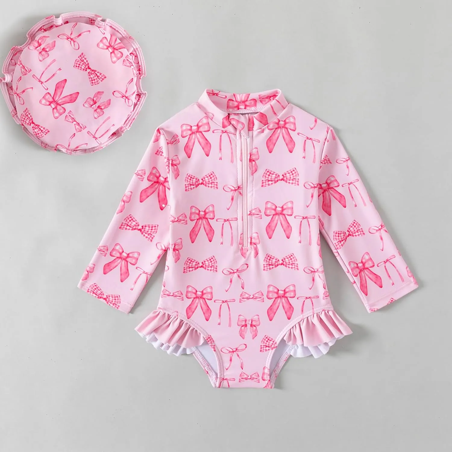 Baby Girls Long Sleeve One Piece Rash Guard Swimsuit with Hat Bathing Suit Beach Wear 0-2T