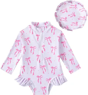 Baby Girls Long Sleeve One Piece Rash Guard Swimsuit with Hat Bathing Suit Beach Wear 0-2T