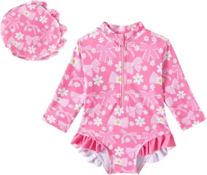 Baby Girls Long Sleeve One Piece Rash Guard Swimsuit with Hat Bathing Suit Beach Wear 0-2T