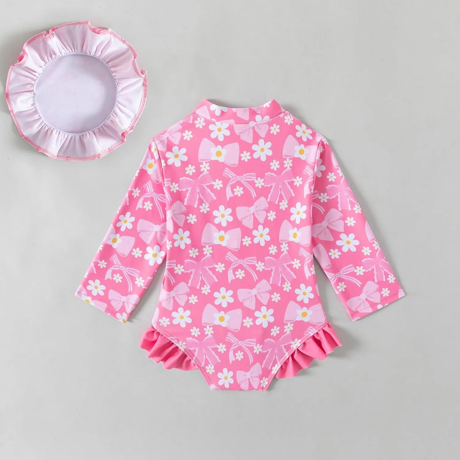 Baby Girls Long Sleeve One Piece Rash Guard Swimsuit with Hat Bathing Suit Beach Wear 0-2T