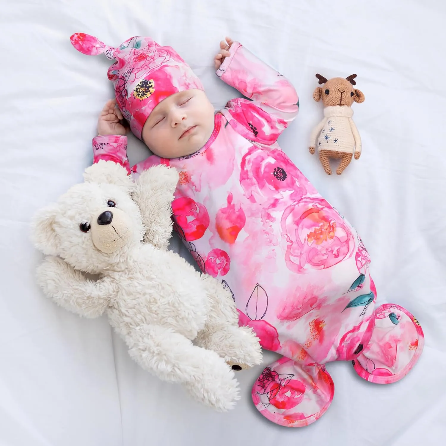 Baby Knotted Gown Newborn, Super Soft Breathable Baby Sleeper Gowns, Babies Girls Nightgowns Coming Home Outfit Infant with Hat Set