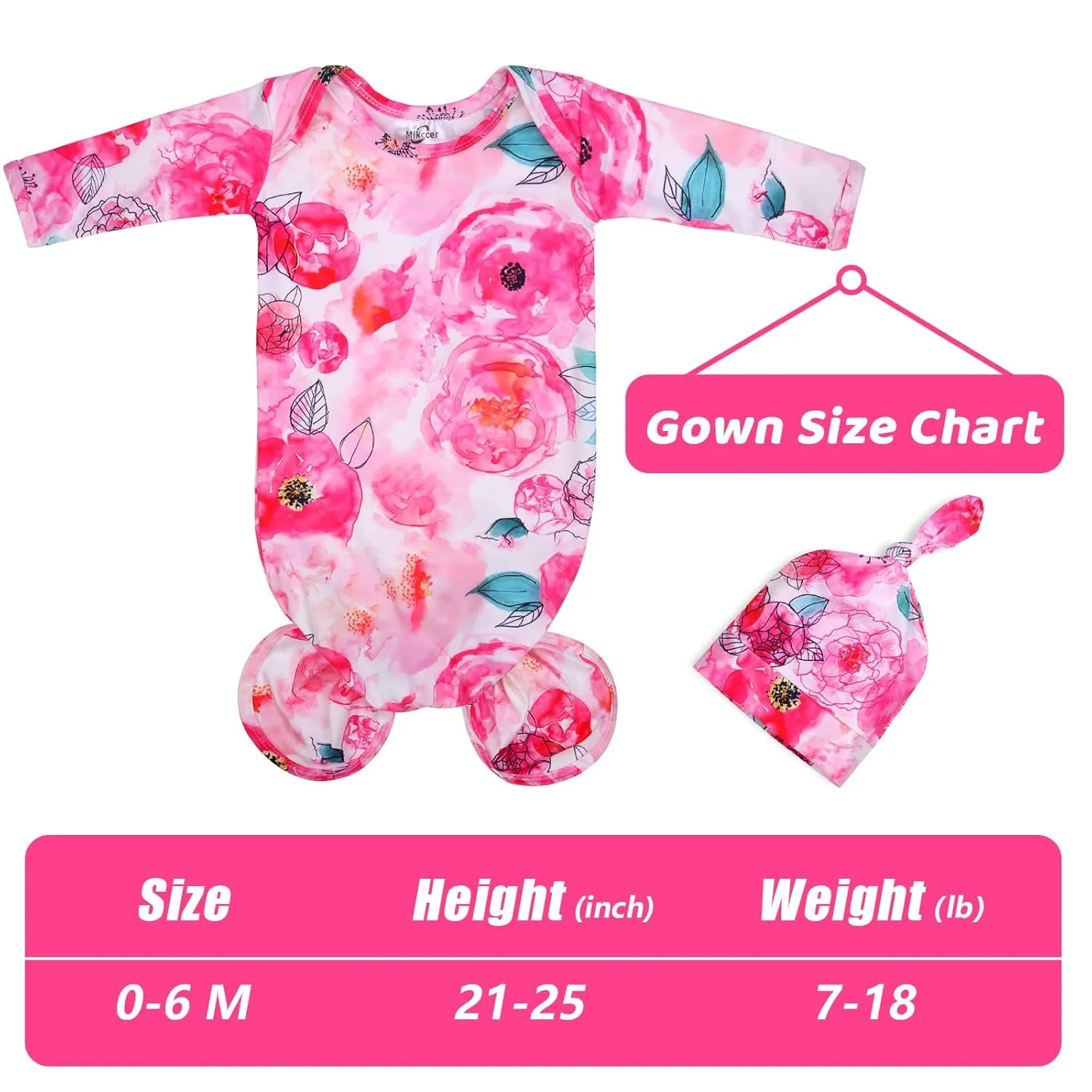 Baby Knotted Gown Newborn, Super Soft Breathable Baby Sleeper Gowns, Babies Girls Nightgowns Coming Home Outfit Infant with Hat Set