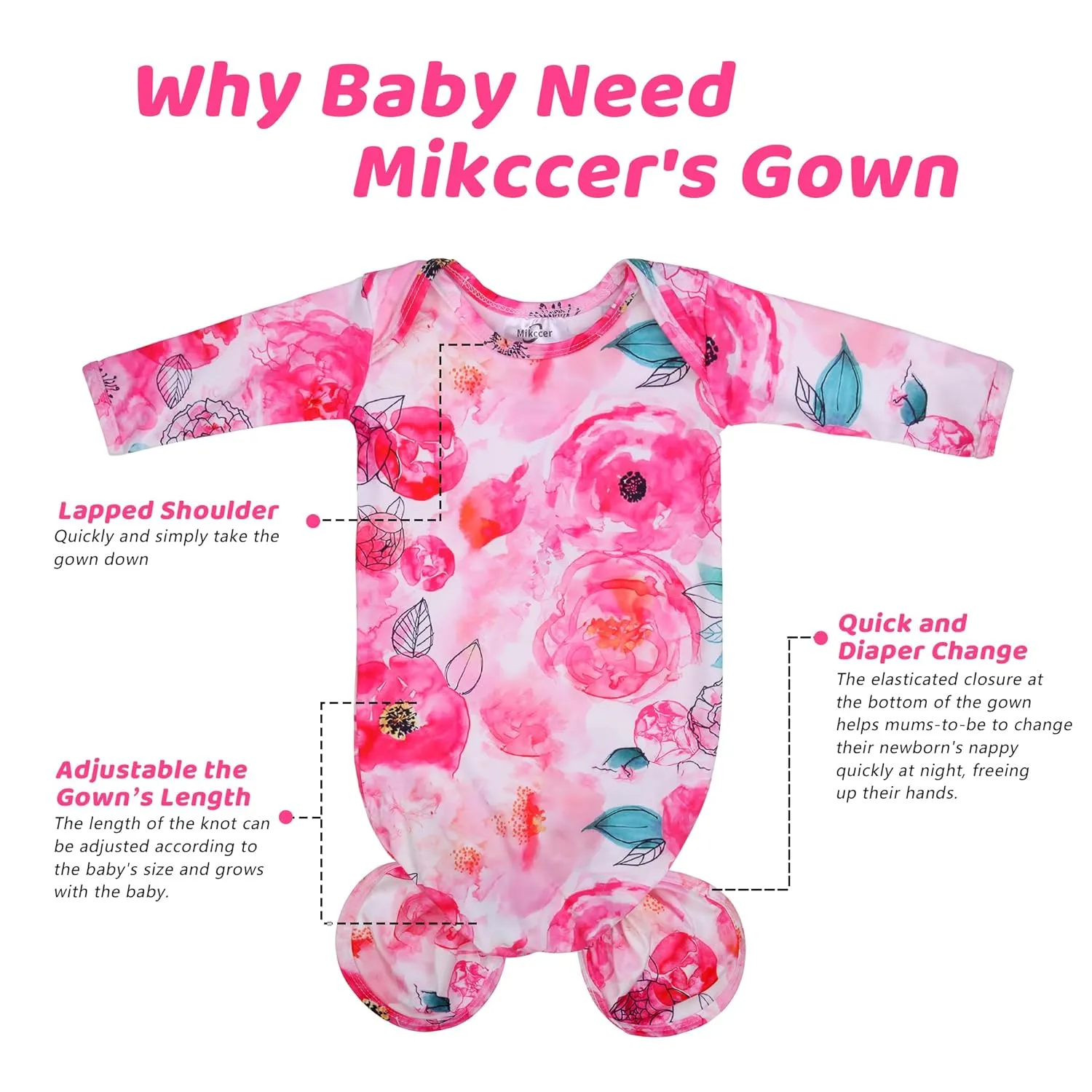 Baby Knotted Gown Newborn, Super Soft Breathable Baby Sleeper Gowns, Babies Girls Nightgowns Coming Home Outfit Infant with Hat Set