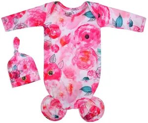 Baby Knotted Gown Newborn, Super Soft Breathable Baby Sleeper Gowns, Babies Girls Nightgowns Coming Home Outfit Infant with Hat Set
