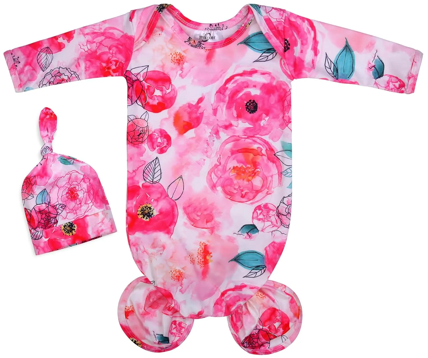 Baby Knotted Gown Newborn, Super Soft Breathable Baby Sleeper Gowns, Babies Girls Nightgowns Coming Home Outfit Infant with Hat Set