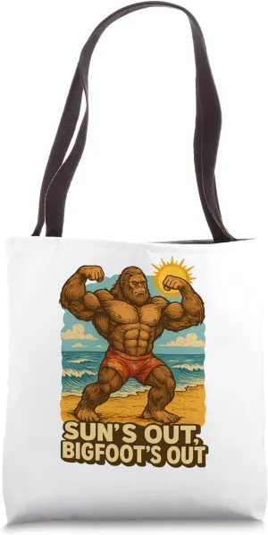 Bigfoot Beach Muscles Funny Summer Flex Cryptid Humor Tote Bag