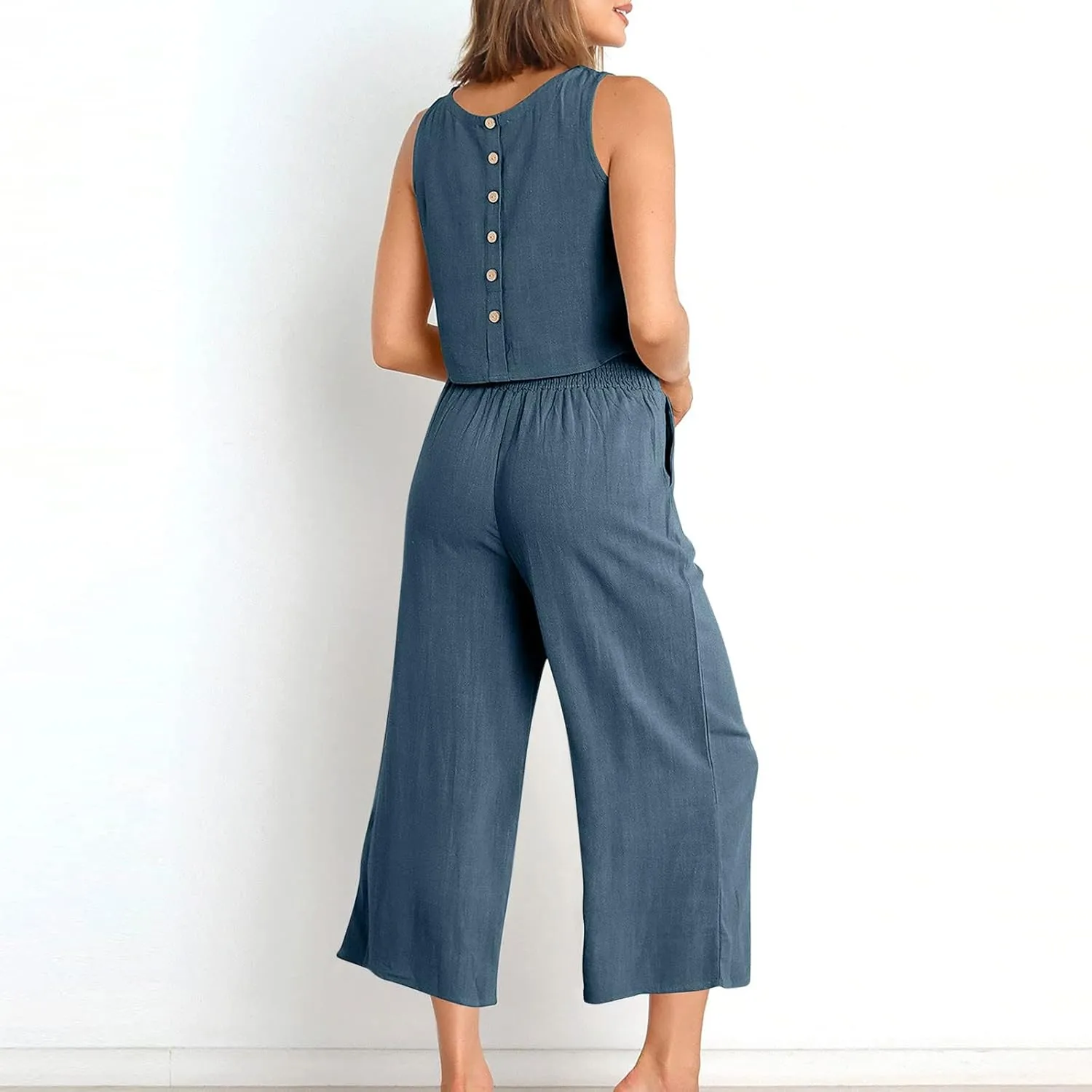 Binmer Women Summer 2 Piece Outfit Casual Sleeveless Crop Top Capri Wide Leg Pants Linen Lounge Beach Set with Pocket