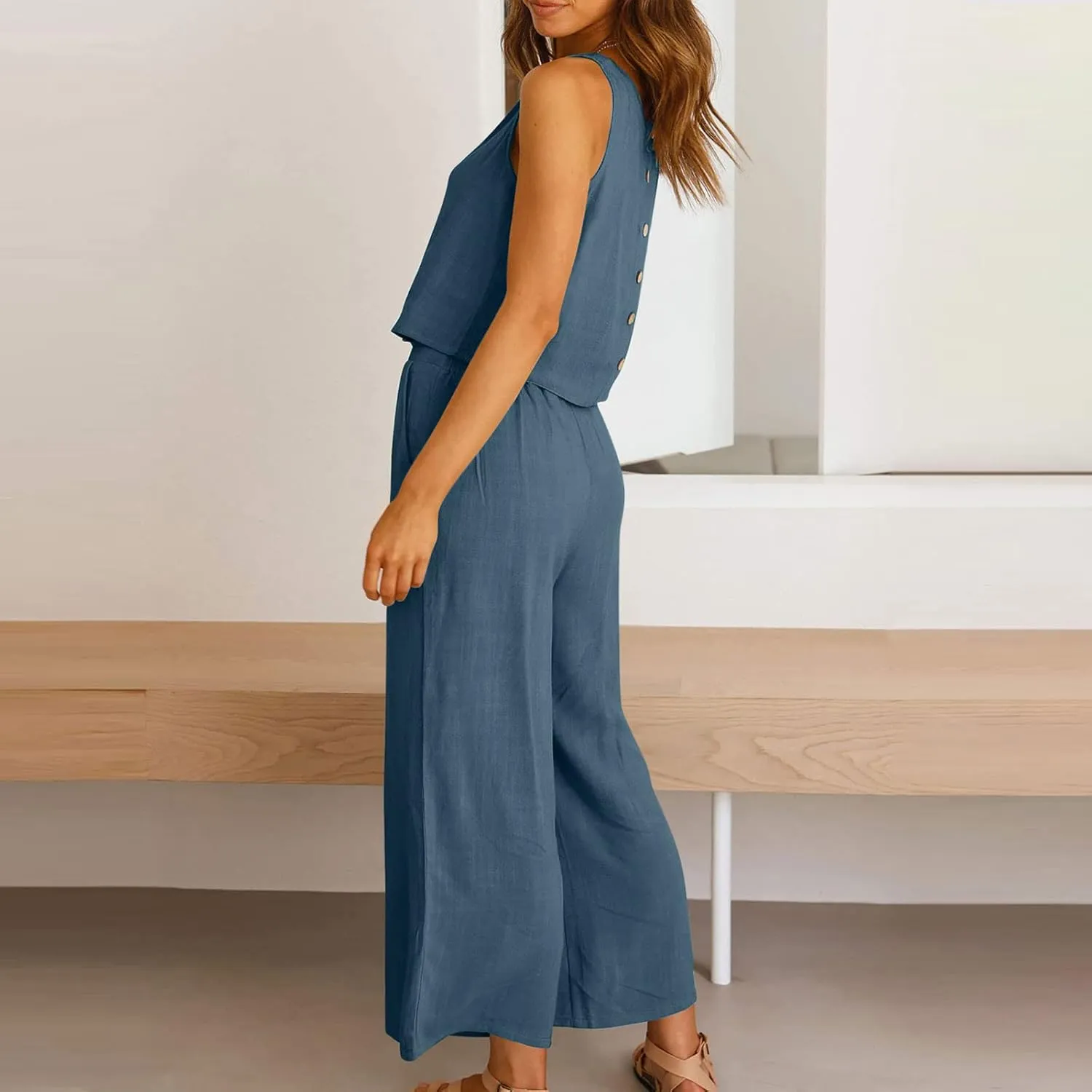 Binmer Women Summer 2 Piece Outfit Casual Sleeveless Crop Top Capri Wide Leg Pants Linen Lounge Beach Set with Pocket
